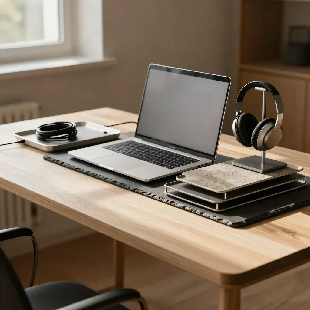 Closed laptop, headset stand and task trays in a warm home-office relay station.