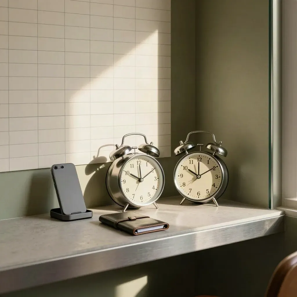 Moody appointment-setting corner with clocks, phone dock, route planner, and blank schedule blocks.