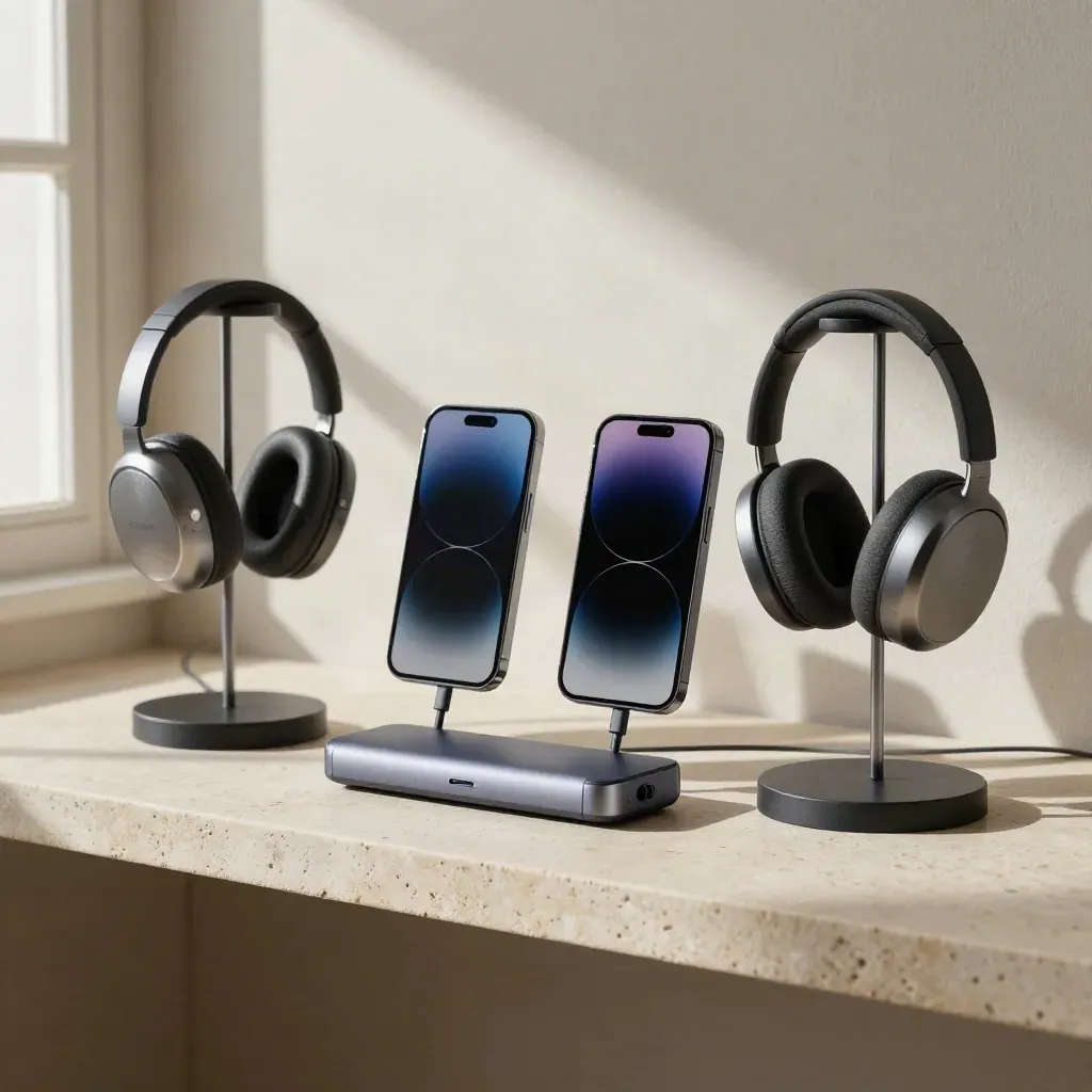 Docked headsets, two phones, and a sync hub on a stone shelf.