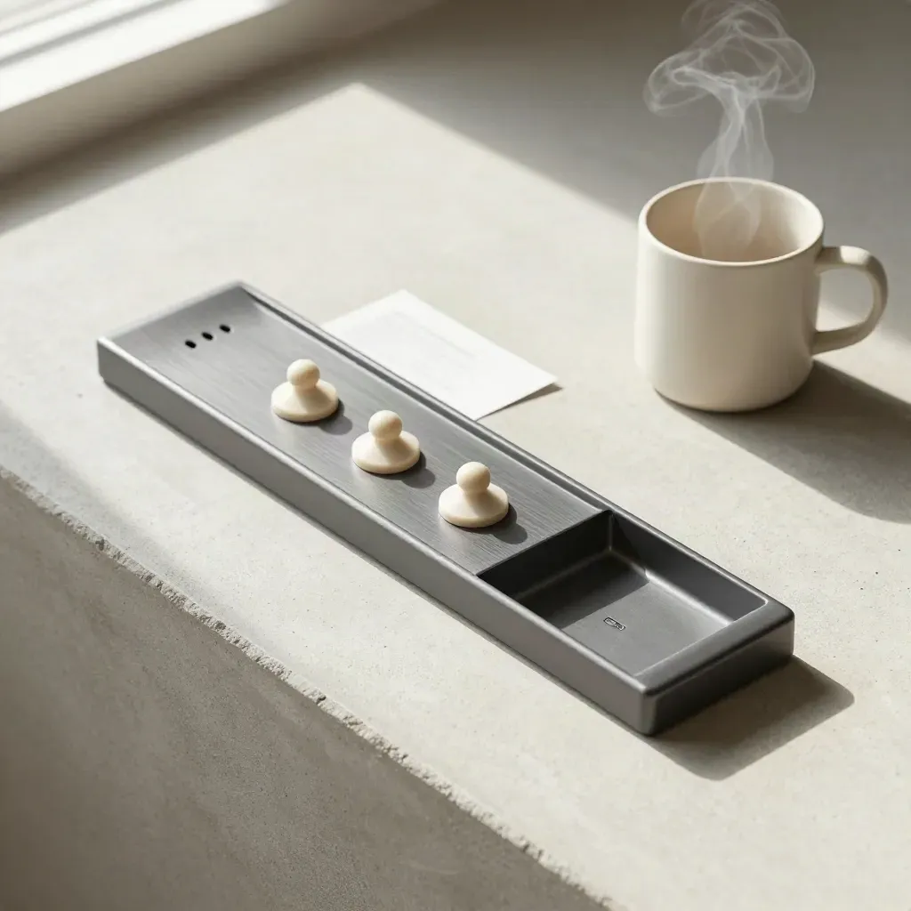 Overhead still life of a charging dock, inbox tray, task tokens and steaming mug.