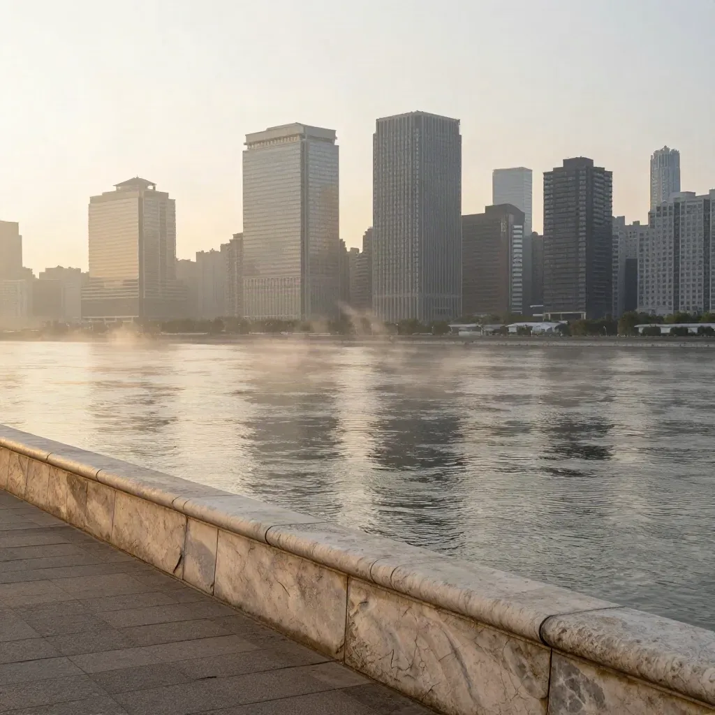 Hazy Northeast Corridor skyline above a quiet riverfront stone overlook at sunrise.