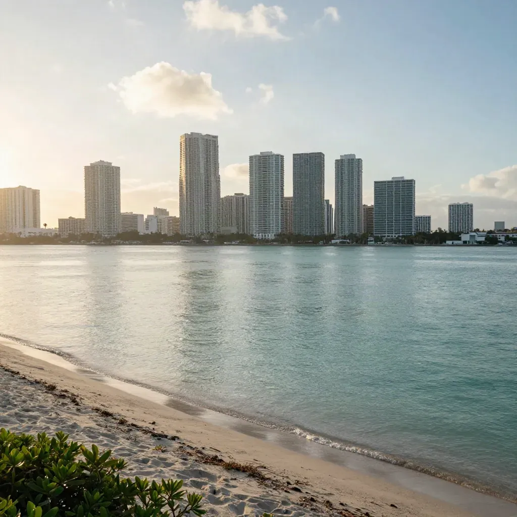 Miami skyline above calm bay water and pale shoreline in late-afternoon haze
