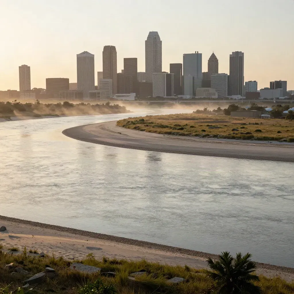 Texas Triangle skyline over a hazy river bend, limestone banks and open land under warm sunset light